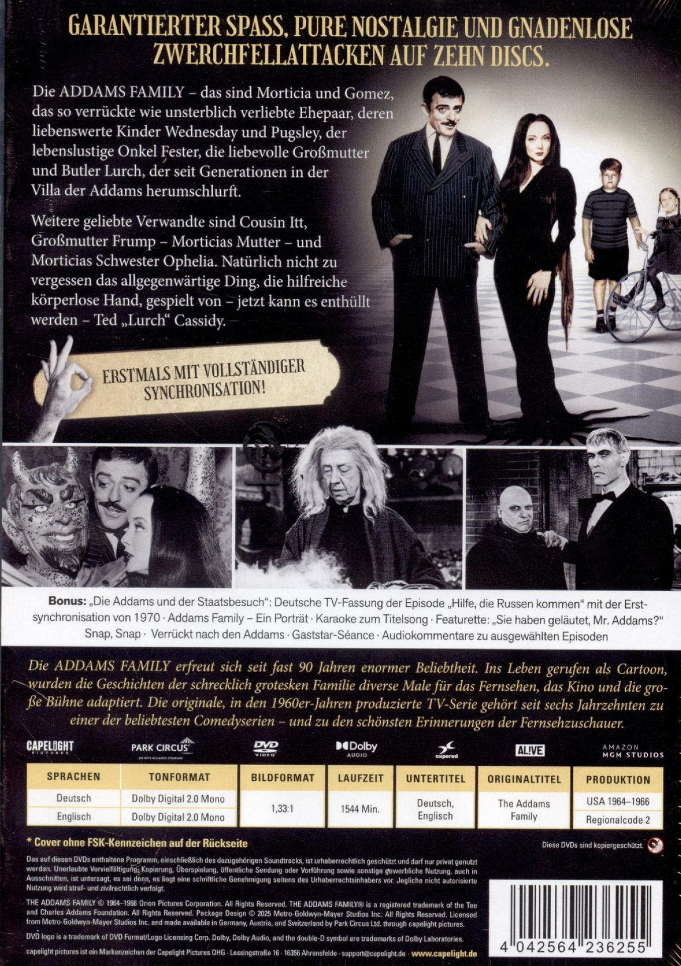 Die Addams Family DVD-Cover mit der Familie und Infos zu den Discs.