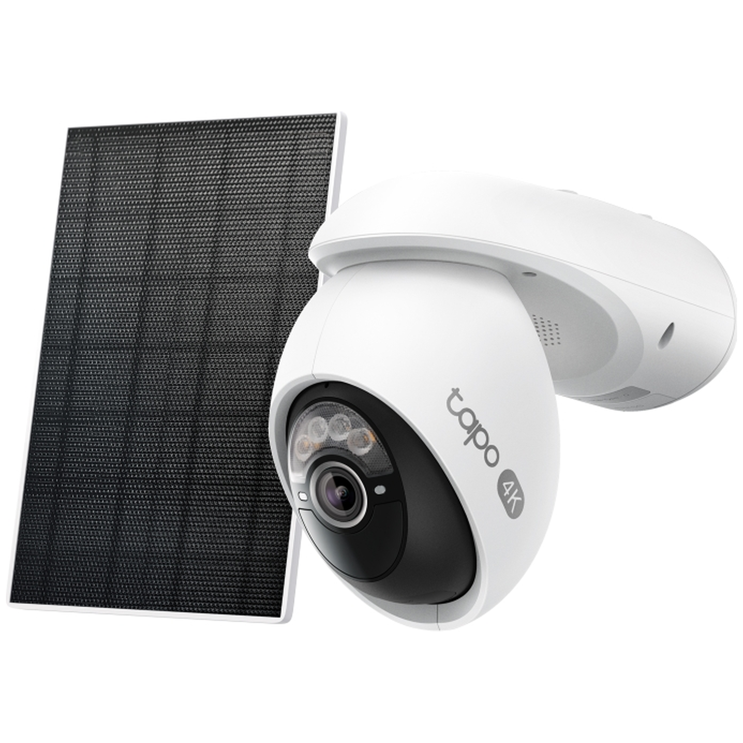 A white security camera with a solar panel. Close-up.