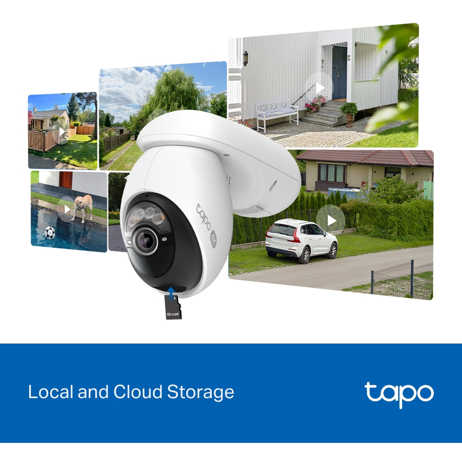 A white security camera with an SD card, surrounded by multiple video previews.