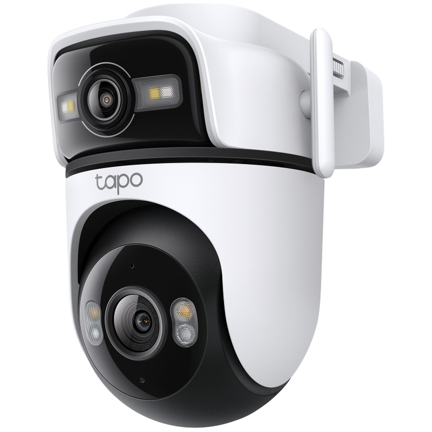 A white and black security camera with integrated lights and an antenna.