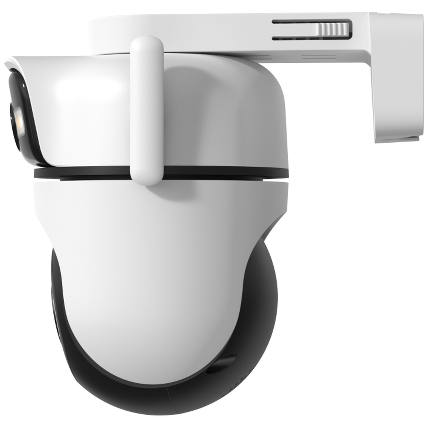 White security camera with black base attached to a white mount.