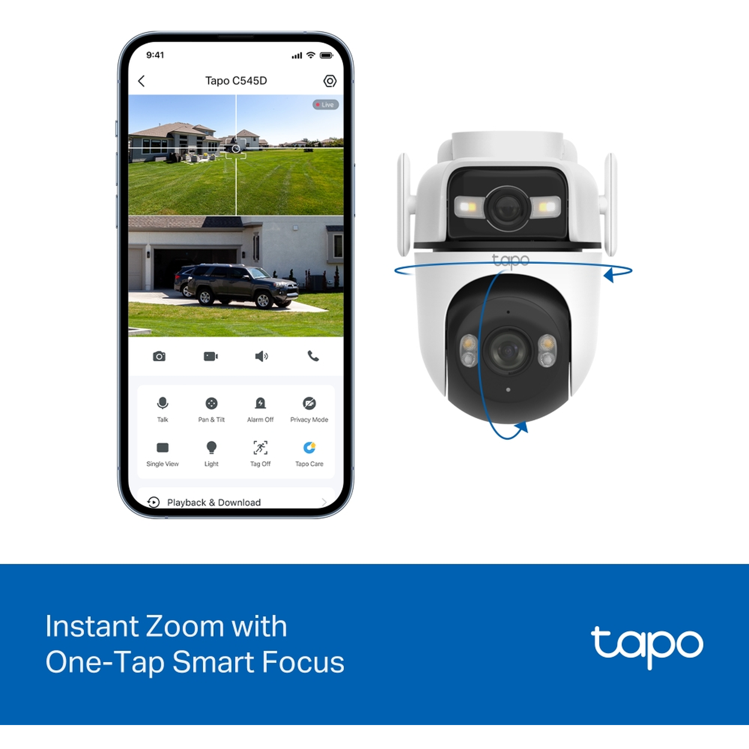 A smartphone shows a security camera app. A camera is on the right.