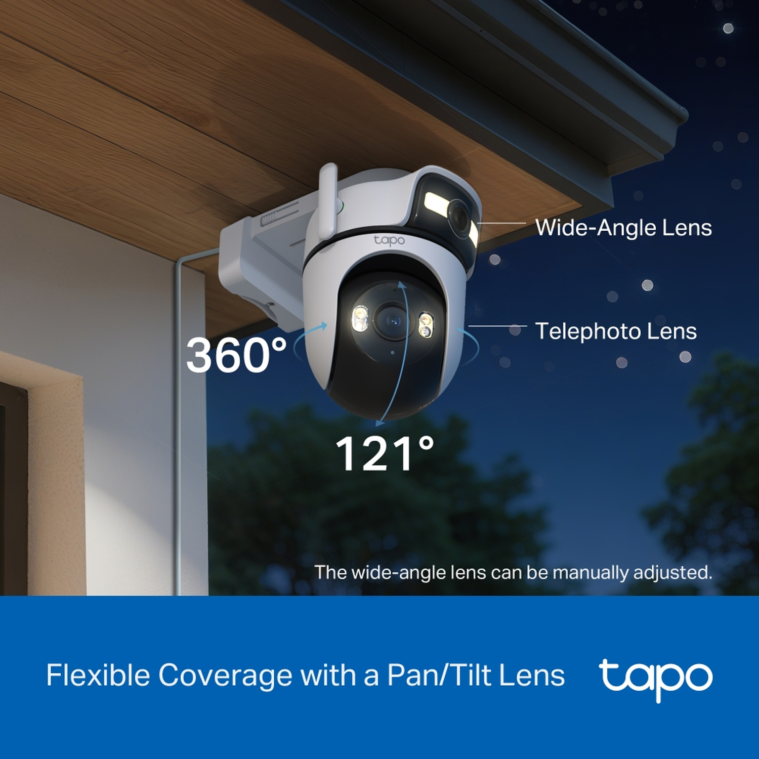 Tapo security camera with wide-angle and telephoto lenses, 360° rotation, 121° view.