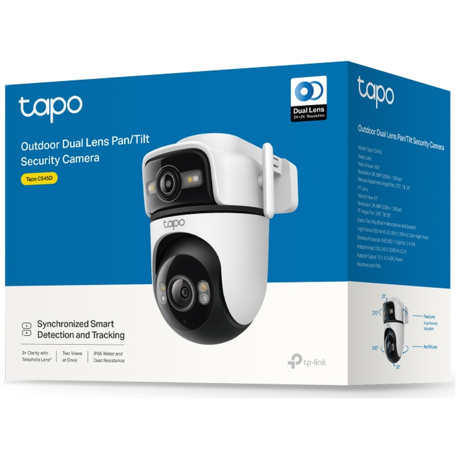 Tapo Outdoor Dual Lens Pan/Tilt Security Camera packaging with camera.
