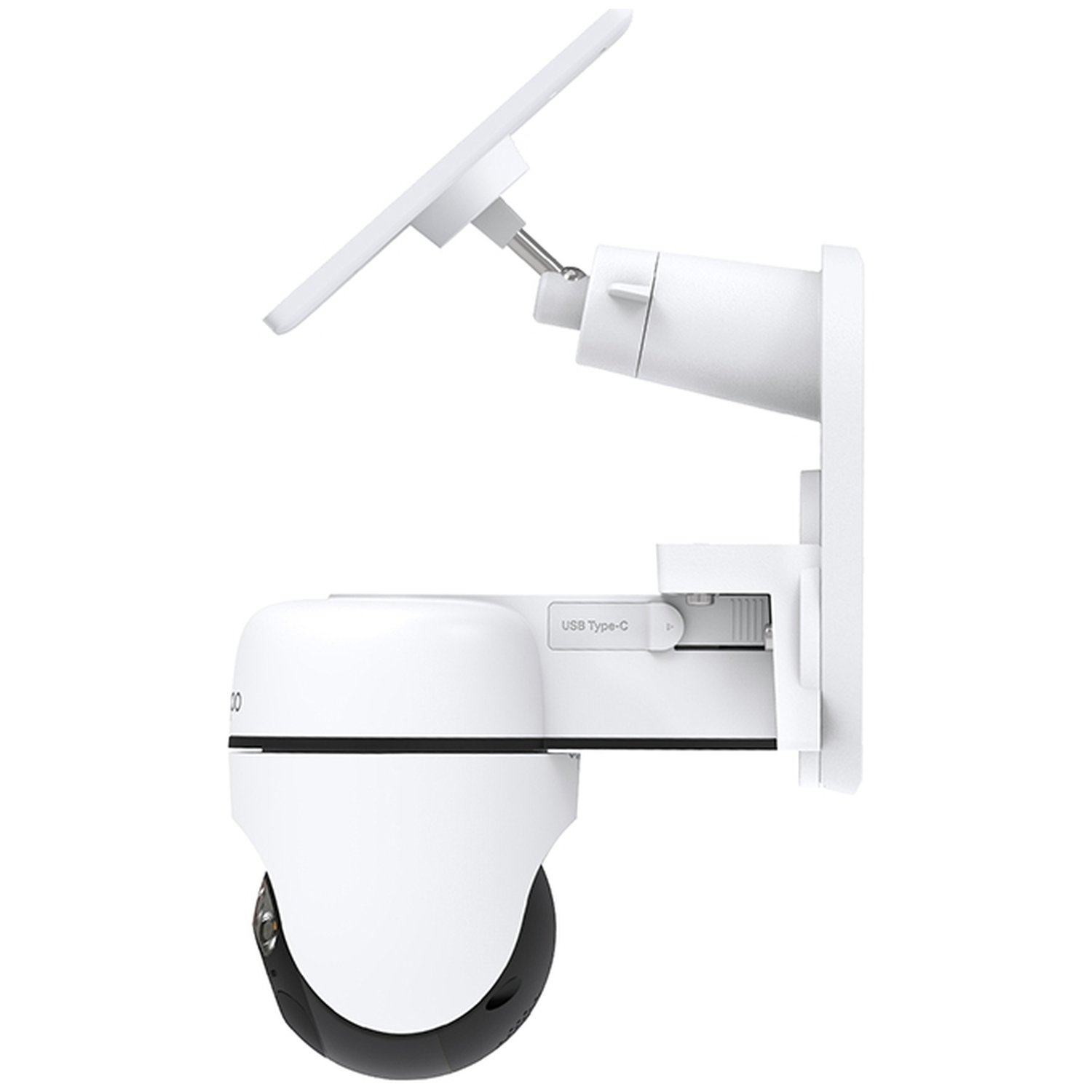 White security camera with a swiveling head and USB-C port.