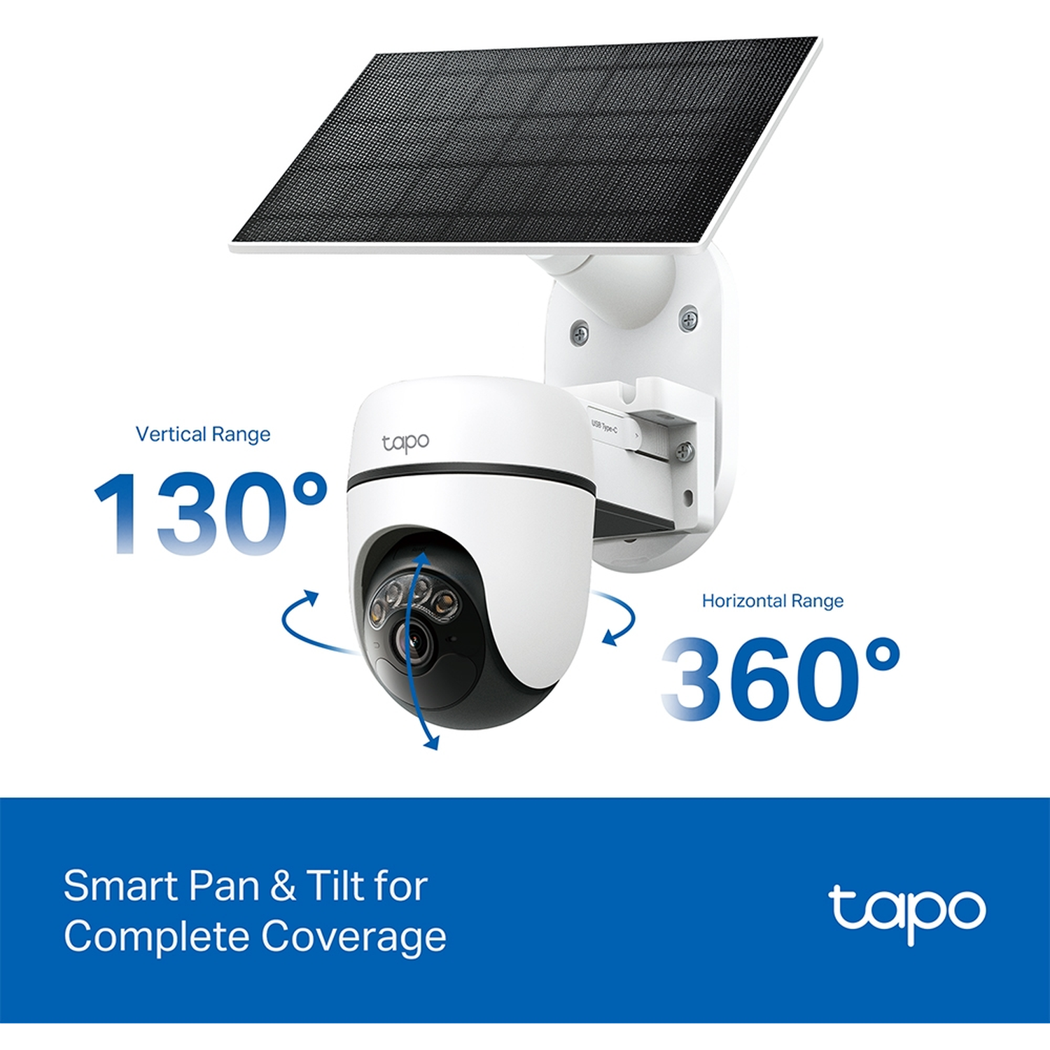 Tapo camera with solar panel, 130° vertical, 360° horizontal range.