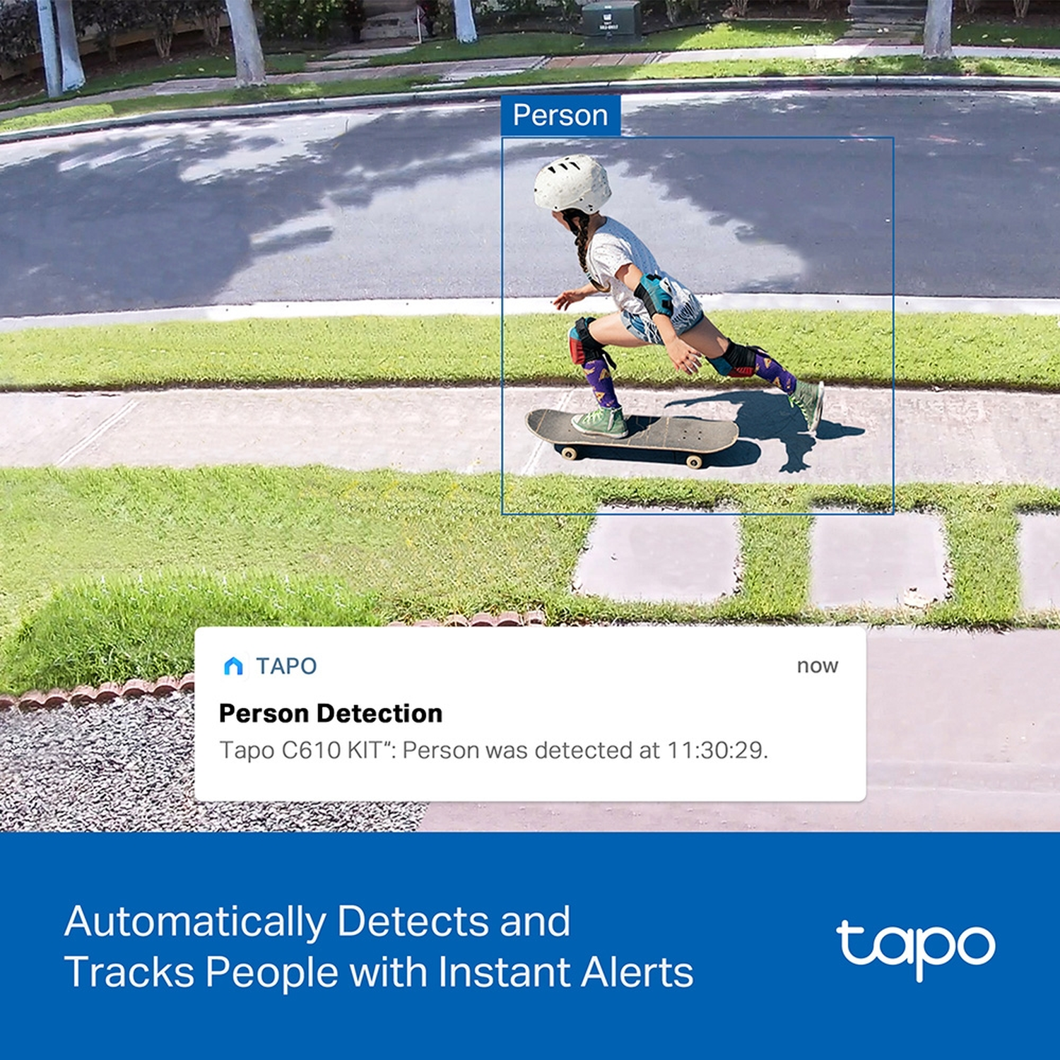 Person on skateboard on sidewalk, detected by camera.