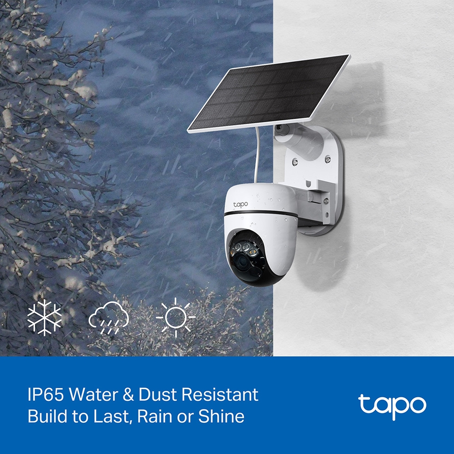 Tapo camera with solar panel, weather-resistant, mounted on a white wall.