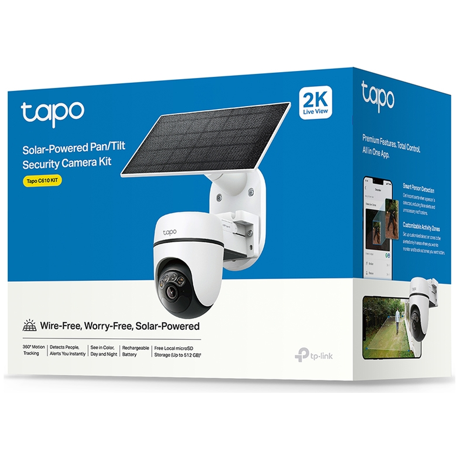 Tapo Solar-Powered Pan/Tilt Security Camera Kit box with camera, solar panel, and app screenshots.