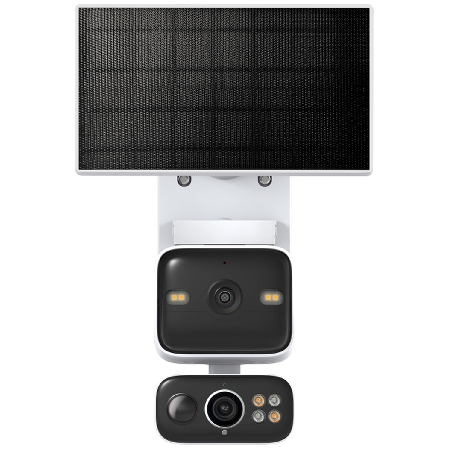 A surveillance camera with a solar panel and two lenses.