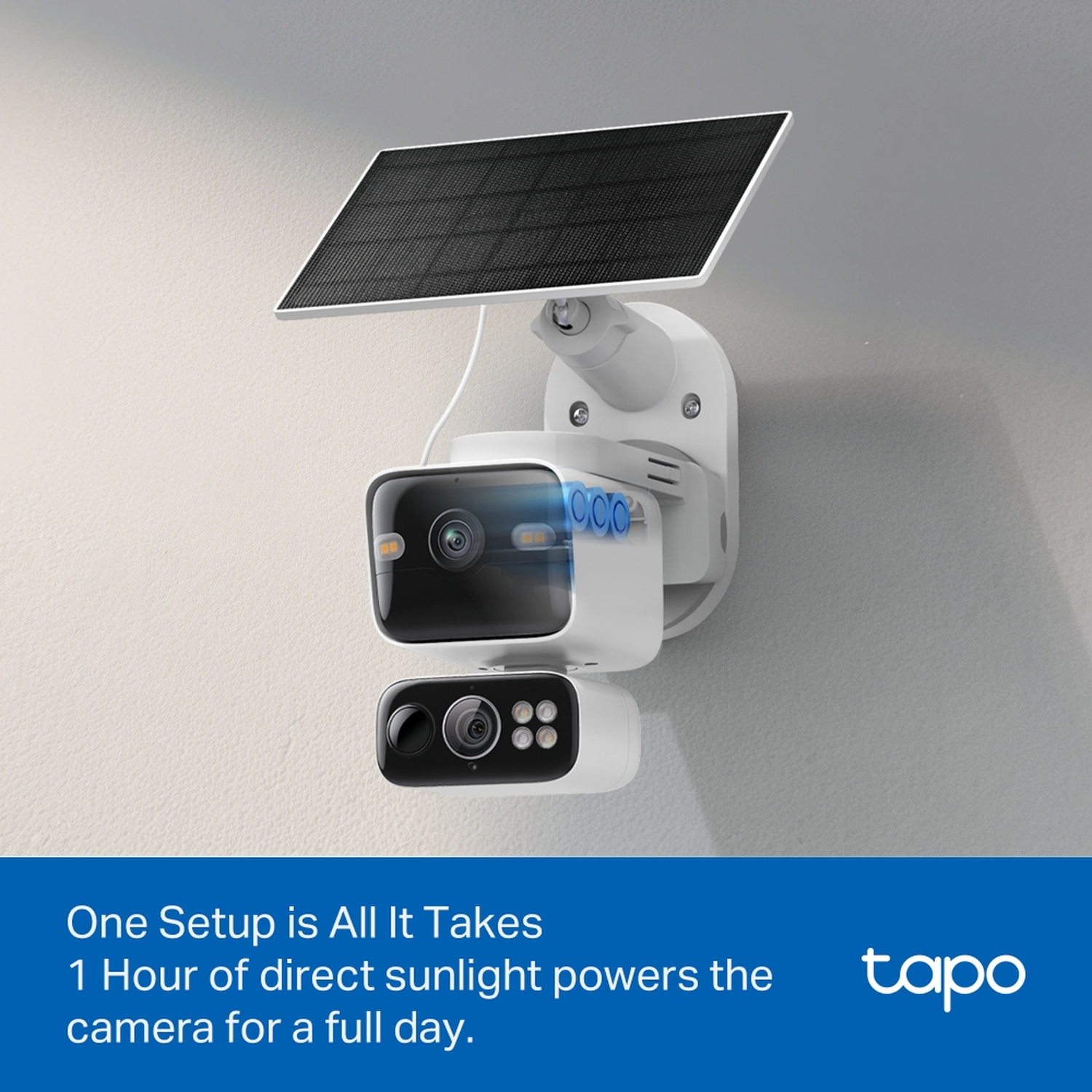 A white security camera with a solar panel is mounted on a textured wall.