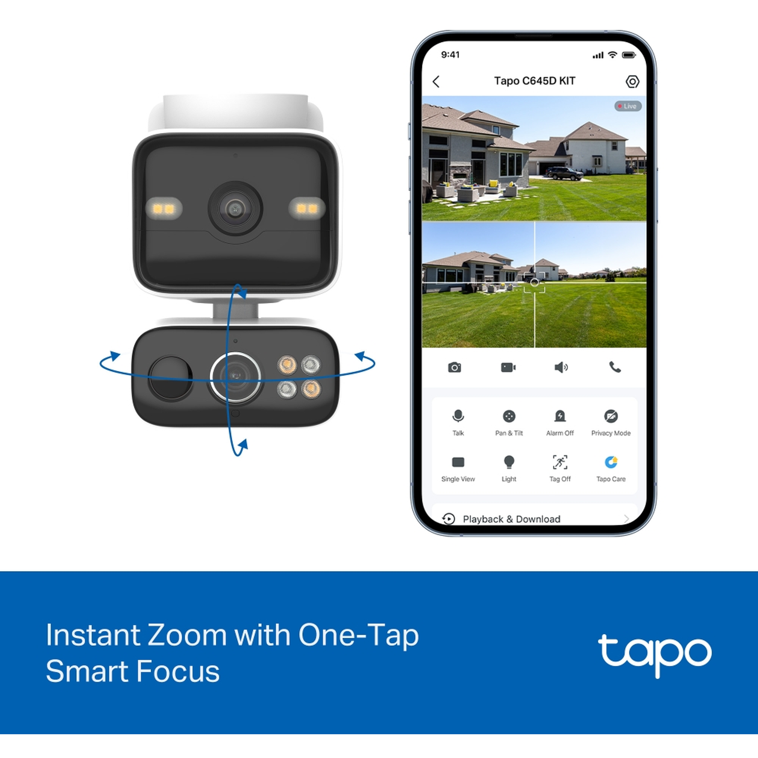 Tapo camera with smartphone app showing live feeds of houses.