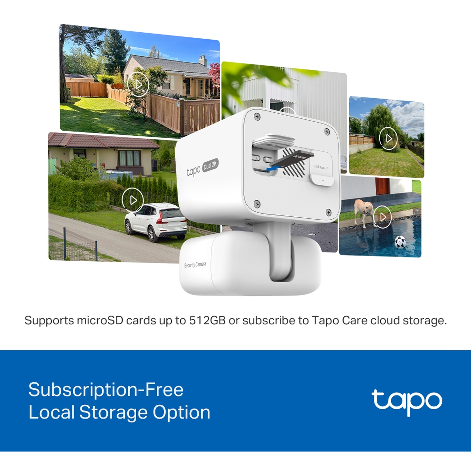 A white security camera shows a microSD card and four preview images of houses.