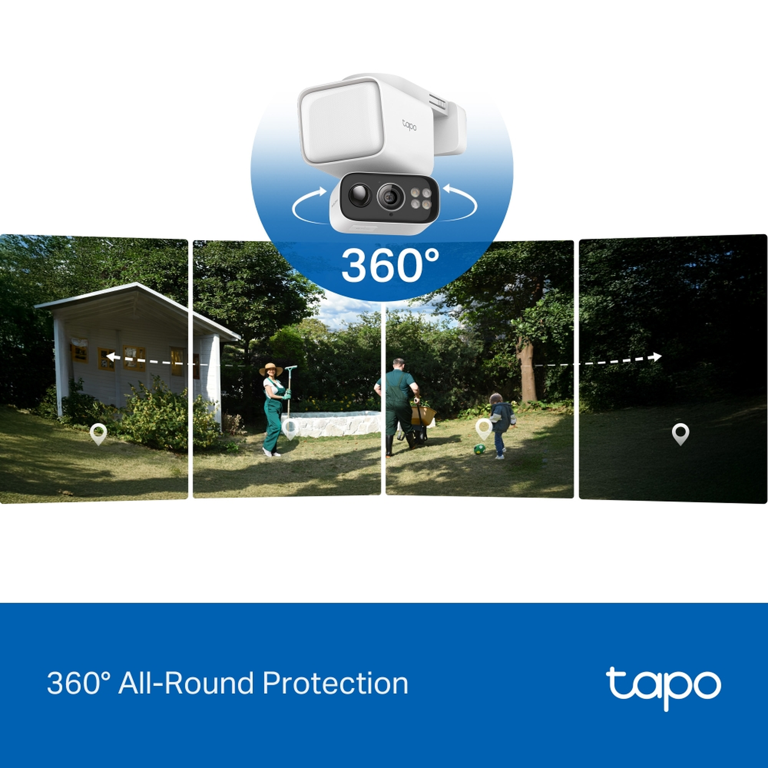 Tapo camera toont 360° weergave met tuin en mensen.
