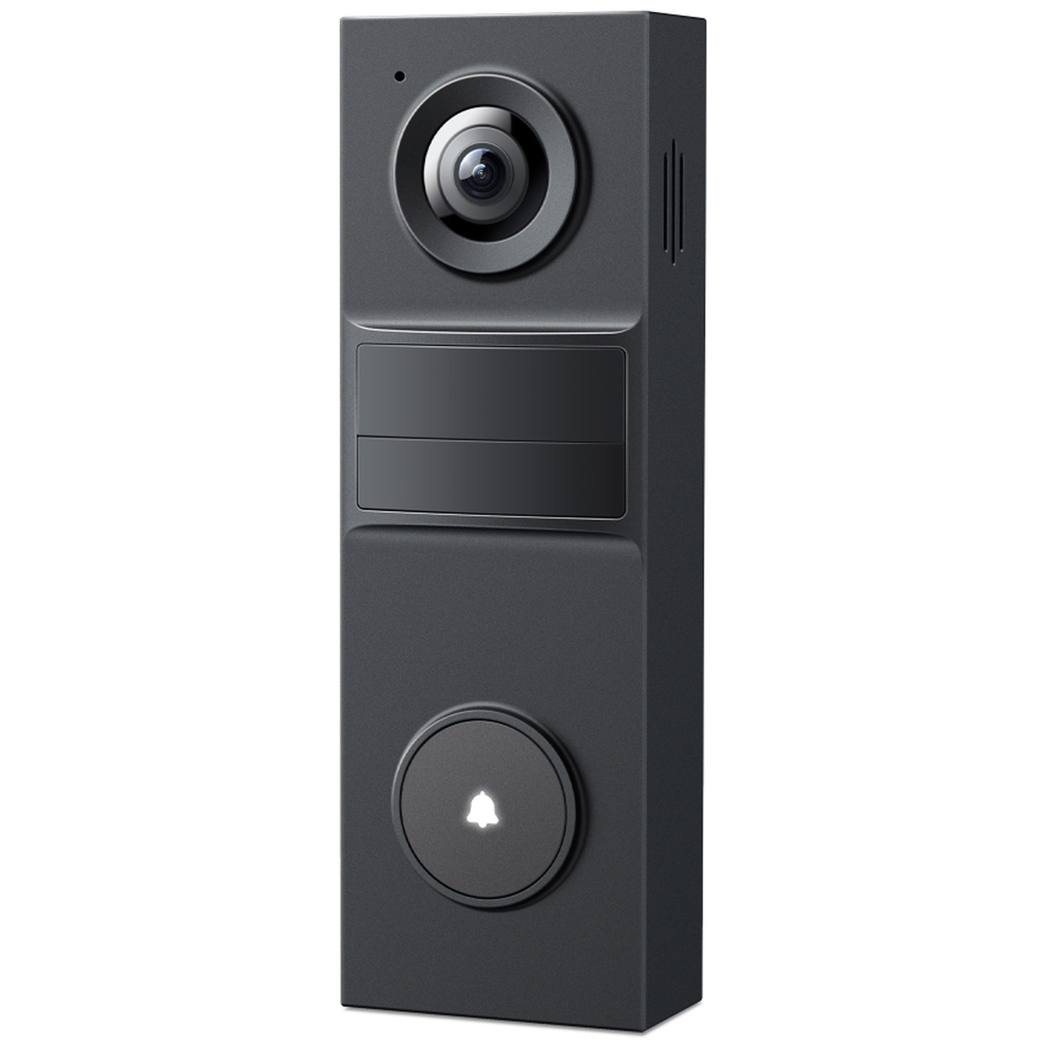 A dark, rectangular door viewer with a camera, nameplate, and illuminated doorbell button.