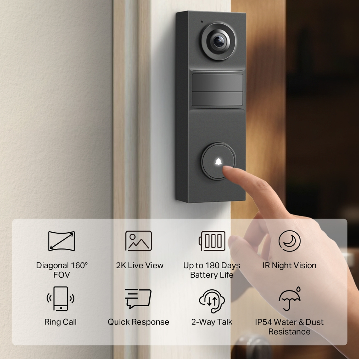 A finger presses a doorbell camera featuring night vision, 2K, and 160-degree FOV.