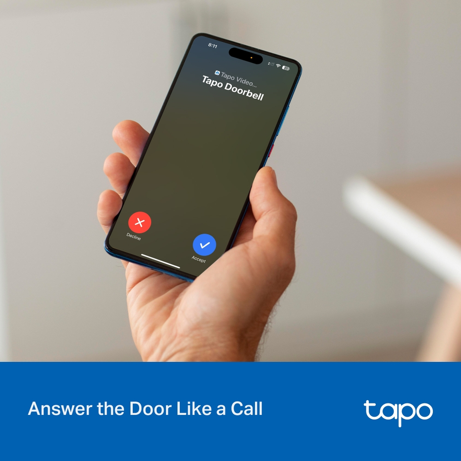 A phone shows an incoming call from Tapo Doorbell video.