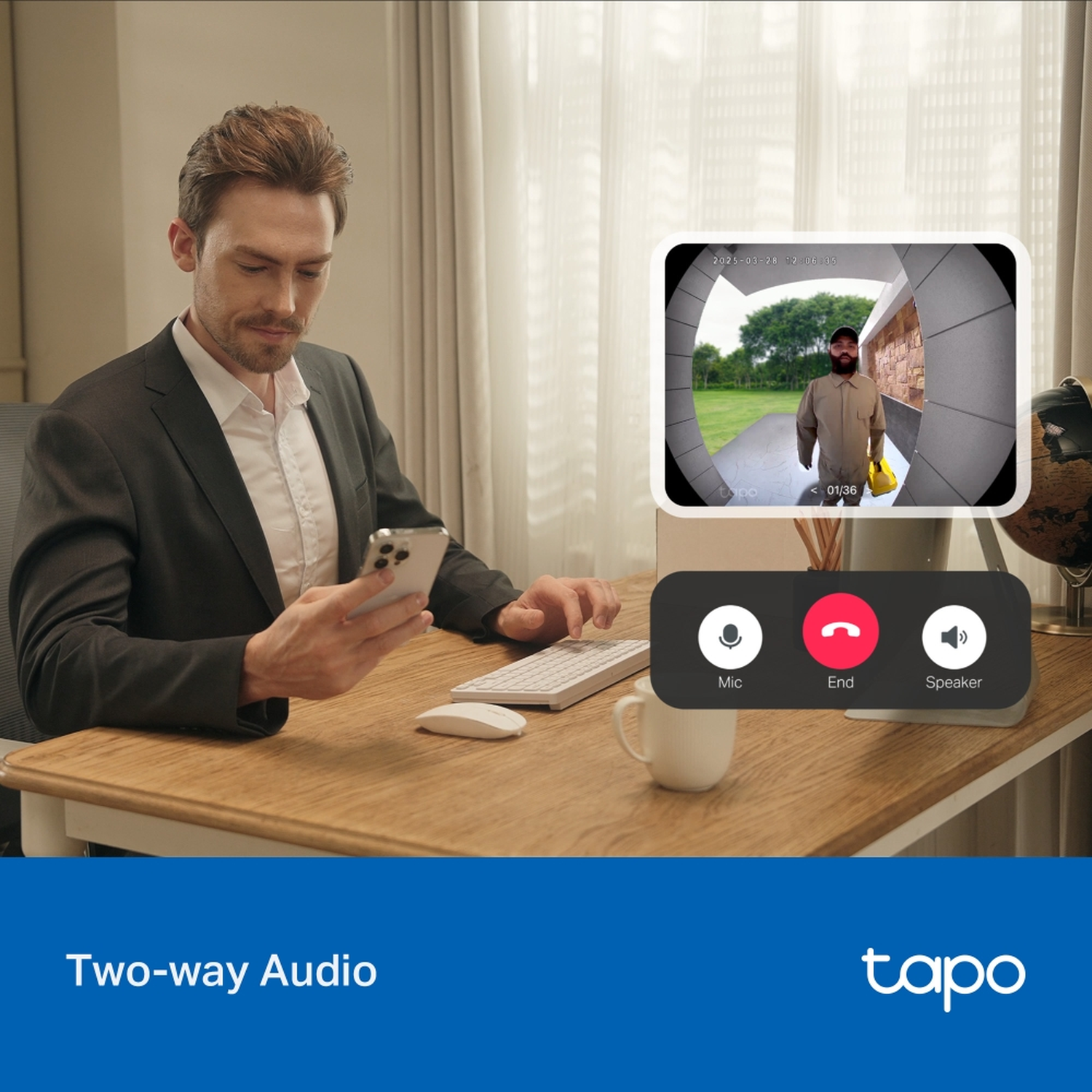 Man at desk with smartphone, call controls, and doorbell camera feed.