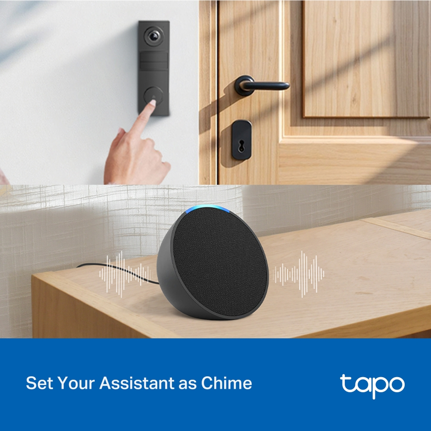 Finger presses doorbell; speaker with light effects on a nightstand.