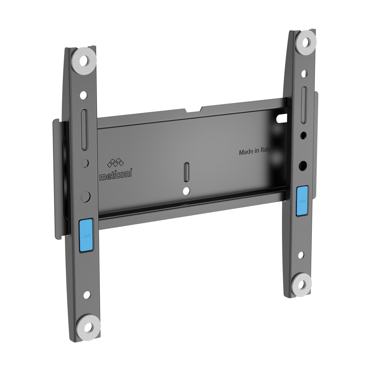 Supporto da parete TV nero con pulsanti di sgancio blu e scritta 'Made in Italy'.