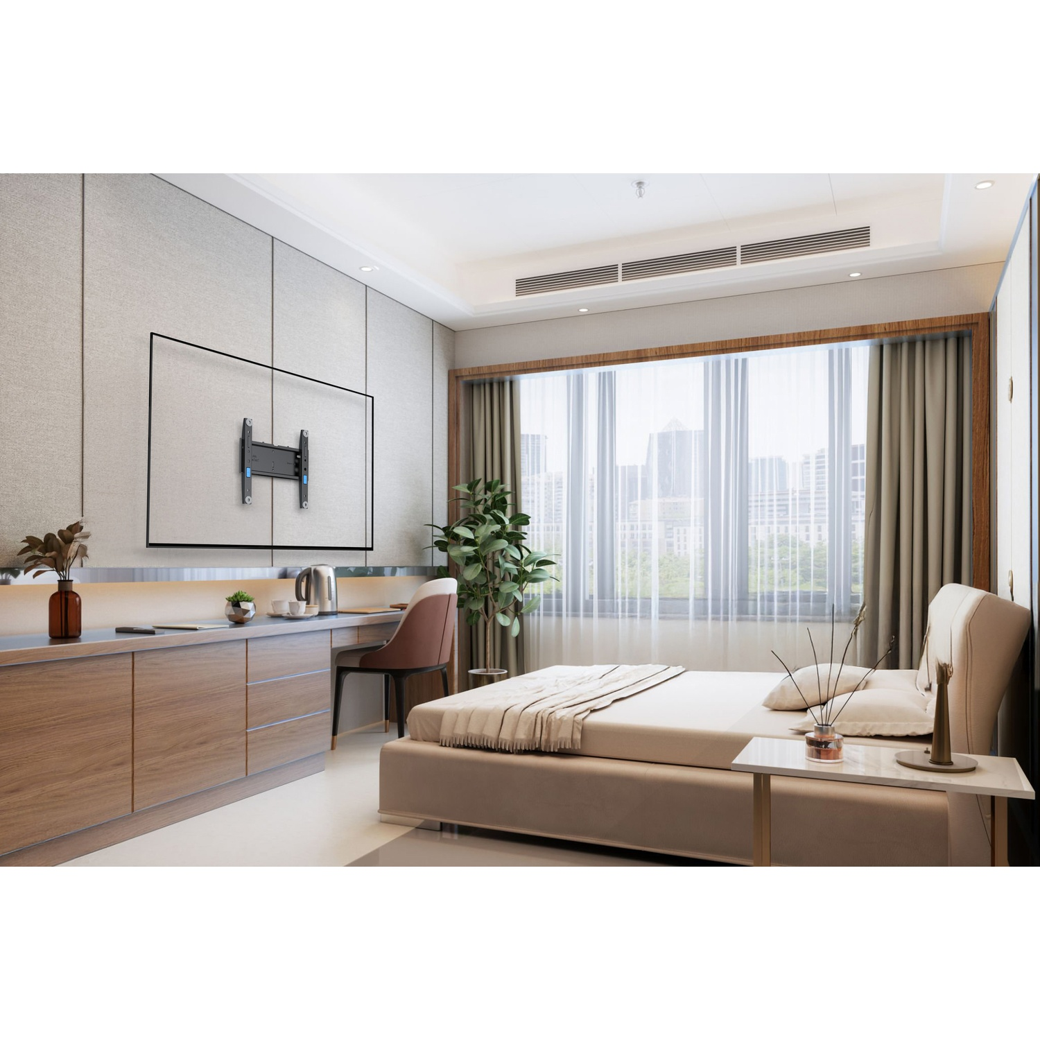 Una camera da letto moderna con TV a parete, scrivania, letto e vista città.