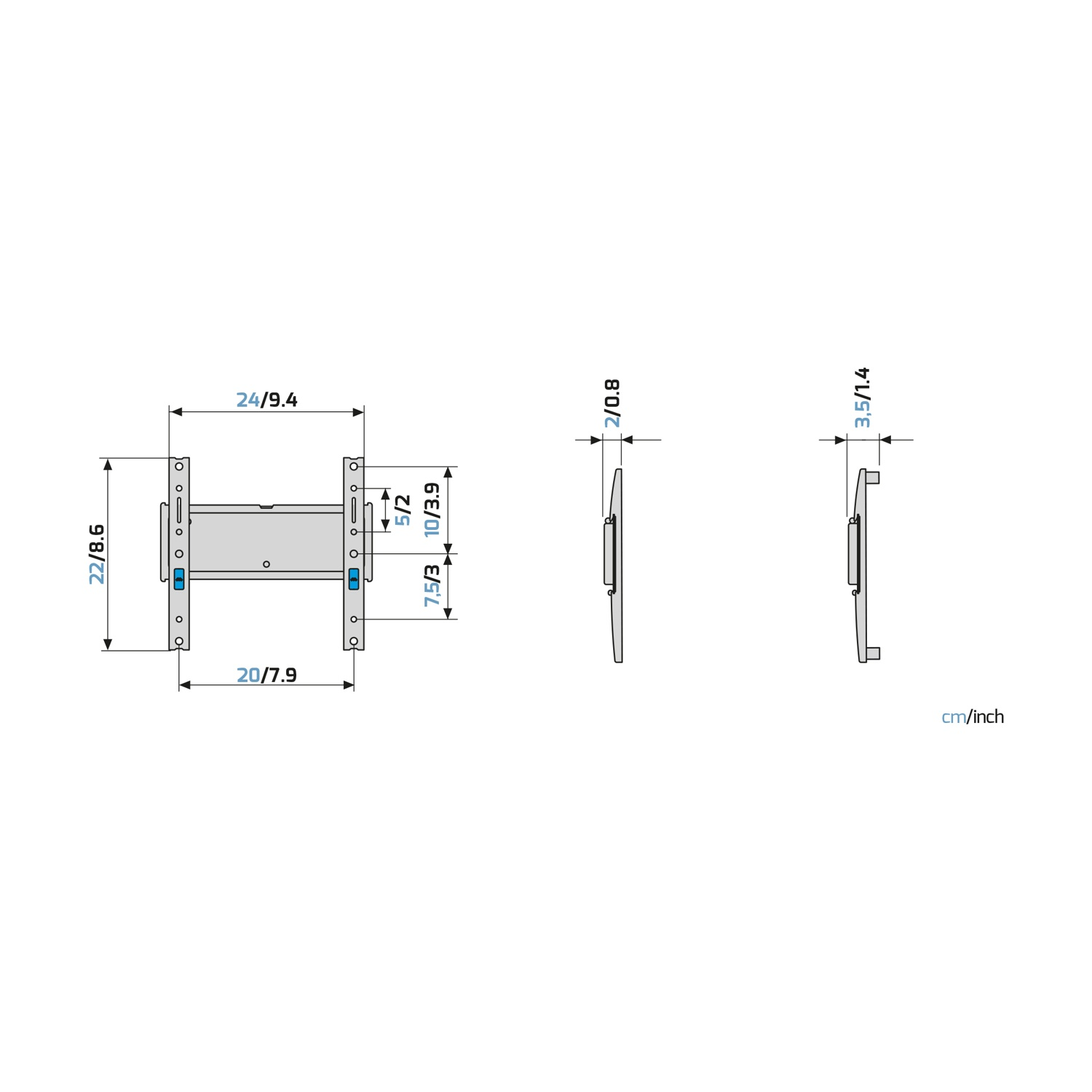 Disegno tecnico di una staffa con misure in cm e pollici.