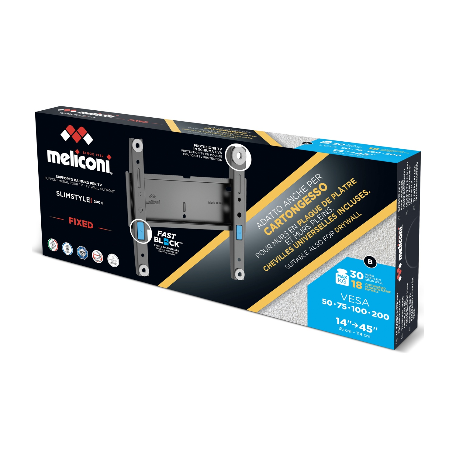 Scatola per un supporto da parete TV Meliconi, Slimstyle 200 S, con misure VESA.