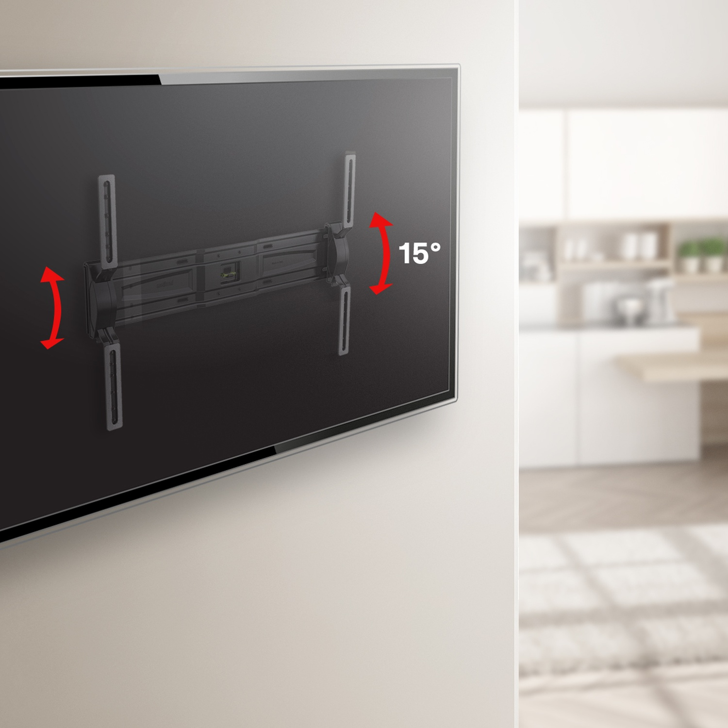 TV a parete con staffa inclinabile. Inclinazione di 15° indicata.