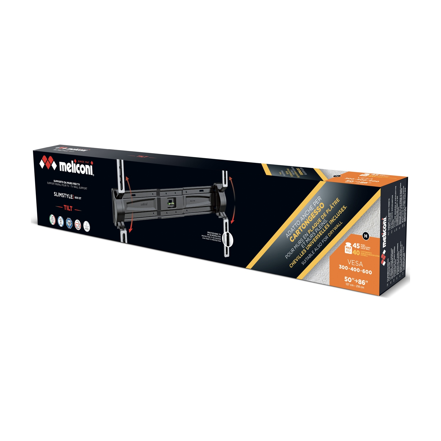 Scatola supporto TV da muro Meliconi, Slimstyle 600 ST, per TV 50-86 pollici.