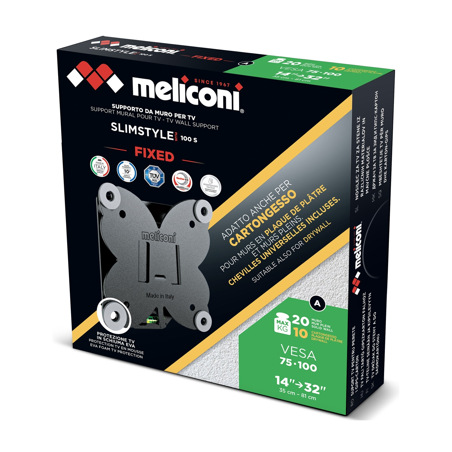 Scatola supporto TV da muro Meliconi Slimstyle. Max 20kg, VESA 75-100.
