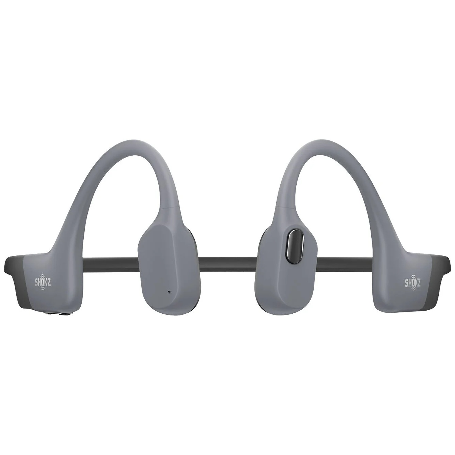 Casque Shokz gris avec une bande sur la nuque.