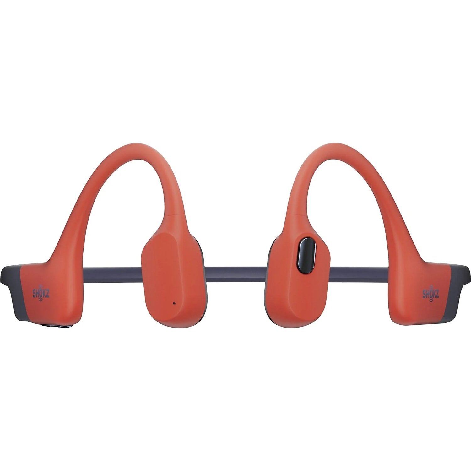 Casque orange à conduction osseuse avec bandeau gris foncé et écouteurs.