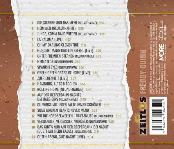 Tracklist der Freddy Quinn CD 'Zeitlos'. Liste mit 20 Titeln, teils neuaufgenommen oder live.