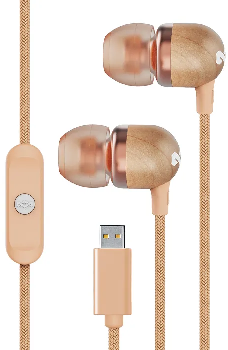 Fülhallgató fa ékezetekkel, rózsaarany részletekkel és USB csatlakozóval.