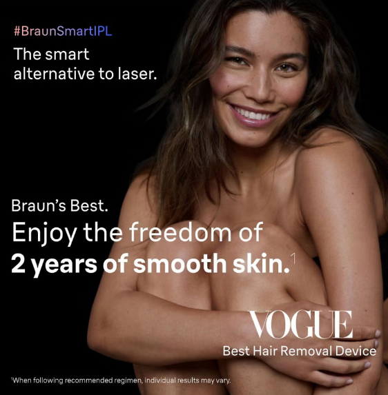 Kobieta uśmiecha się, reklamowana przez Braun, Vogue, IPL.