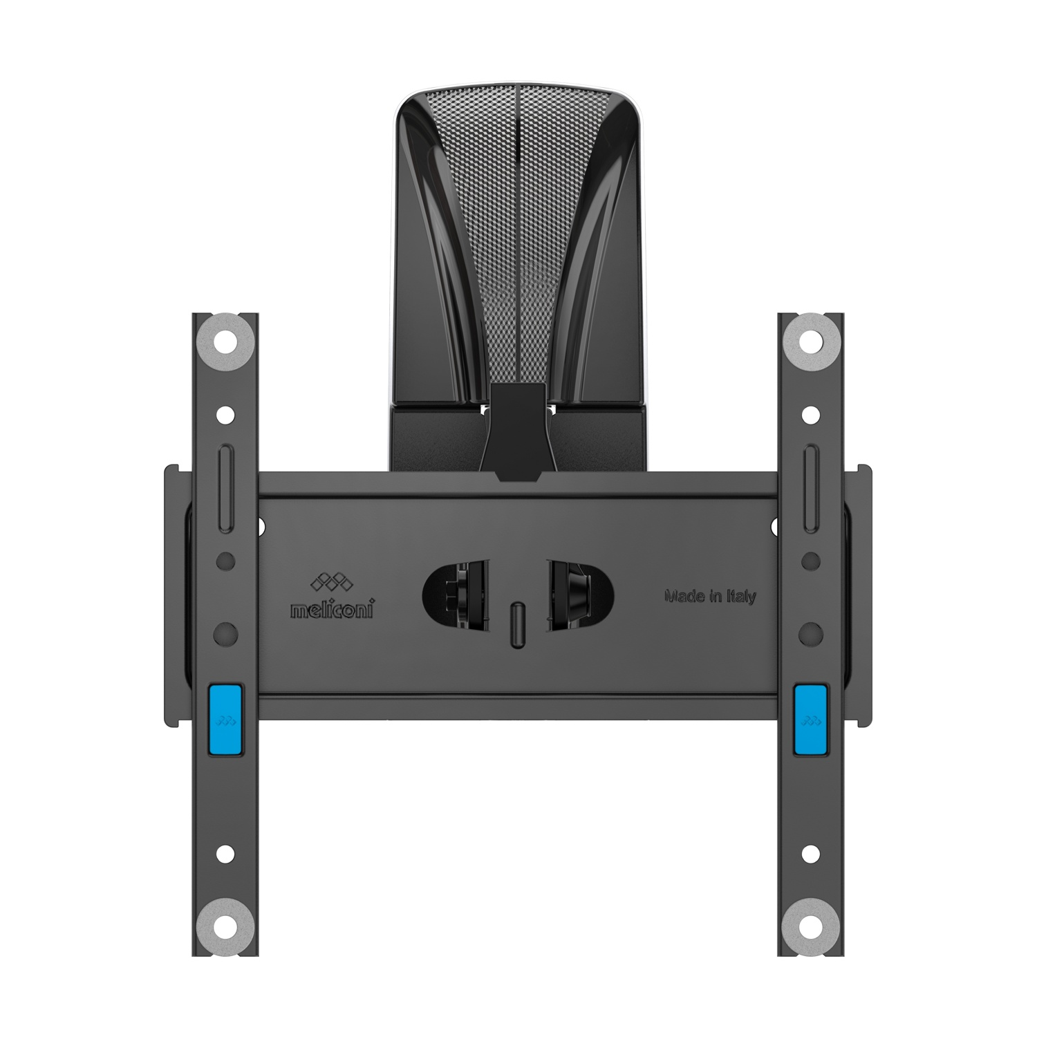 Supporto TV da parete nero con anelli argentati e leve blu. Made in Italy.