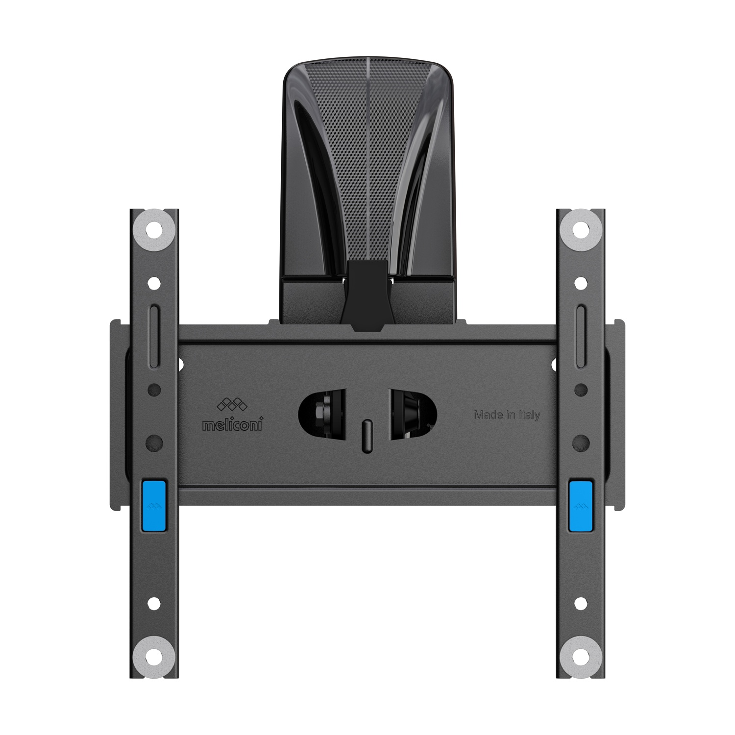 Un supporto da parete TV nero con pulsanti blu e logo Meliconi.