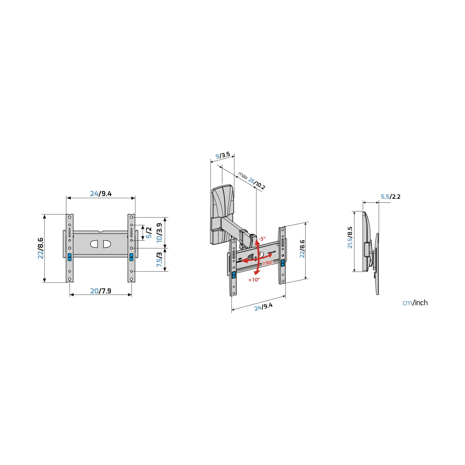 Disegno tecnico di un supporto da parete con misure in cm e pollici.
