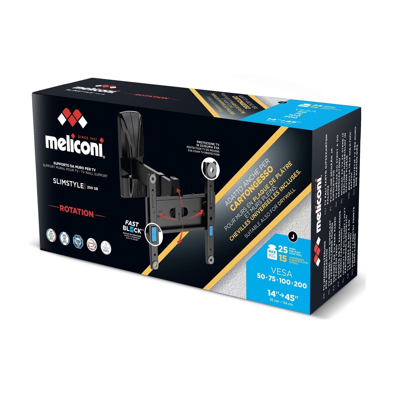 Scatola per un supporto da parete TV Meliconi, che mostra il supporto e le specifiche VESA.