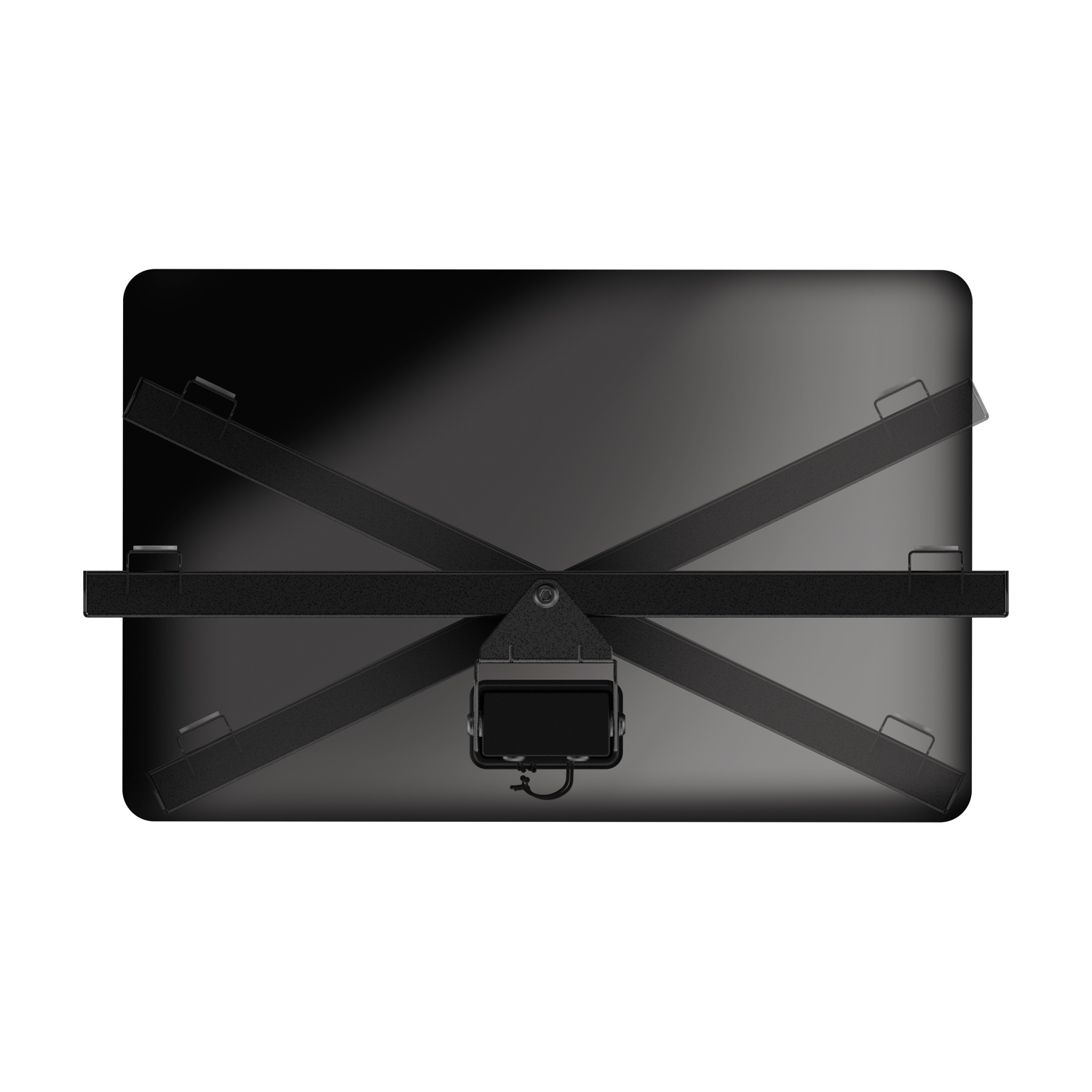 Supporto nero per laptop con bracci regolabili e maniglia.