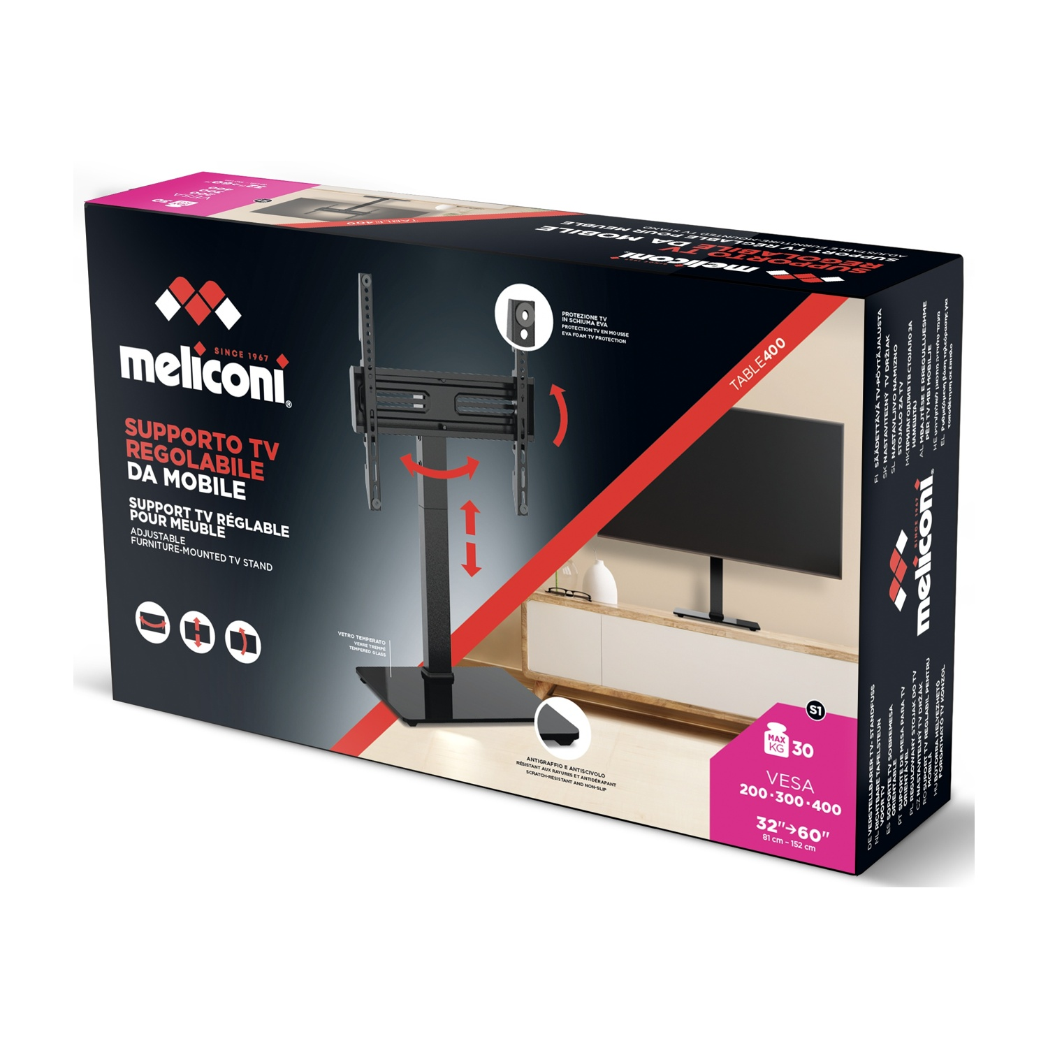 Confezione di un supporto TV regolabile Meliconi TABLE400 da mobile.