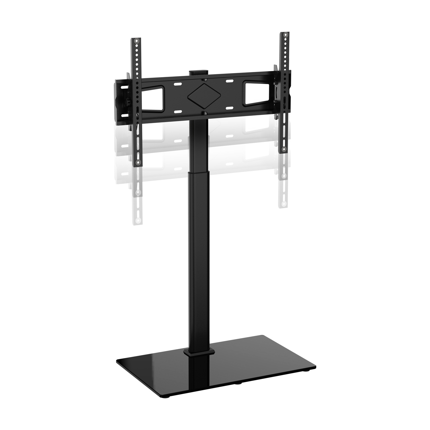 Supporto TV nero con supporto regolabile su sfondo bianco.