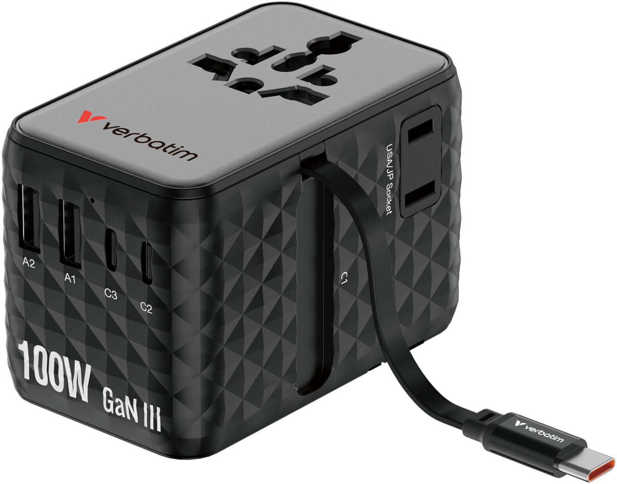 VERBATIM Charge 'n' Travel GaN III univerzális utazó adapter, 2x USB-C, USB-A, max. 100W, fekete (30191)