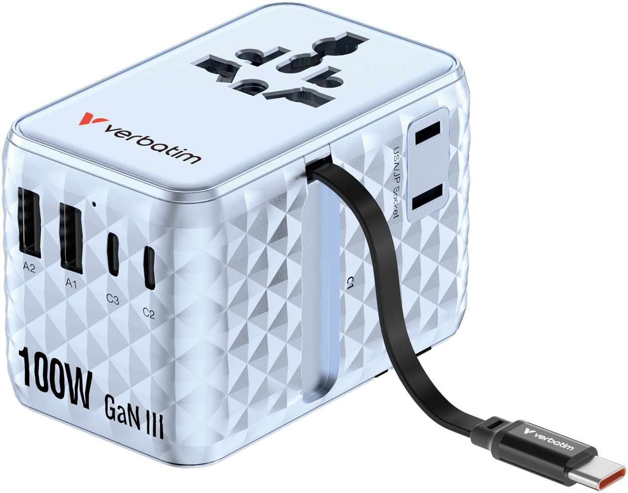 VERBATIM Charge 'n' Travel GaN III univerzális utazó adapter, 2x USB-C, USB-A, max. 100W, kék (30192)