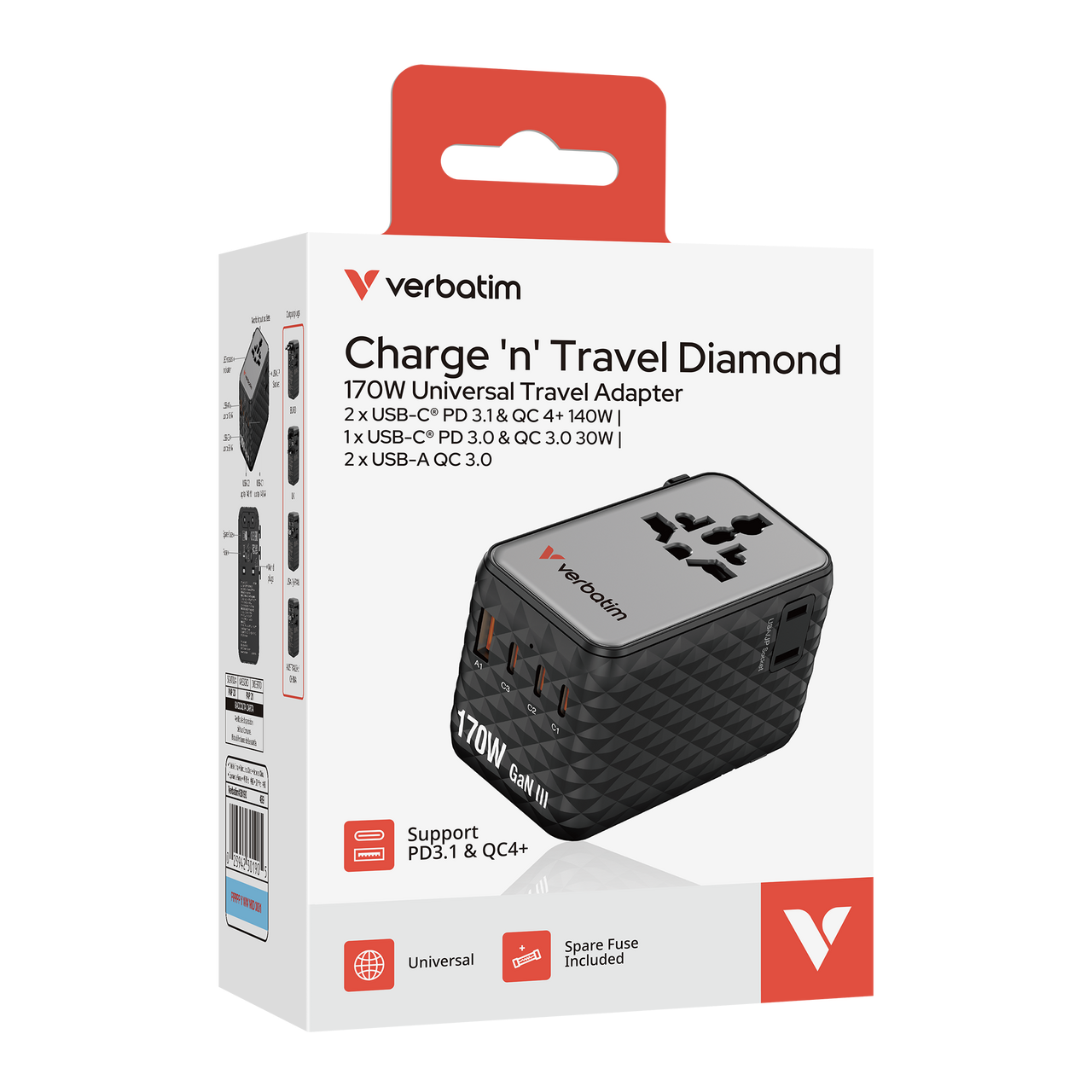 Verbatim 170W utazási adapter: fekete, USB-C és USB-A portokkal.