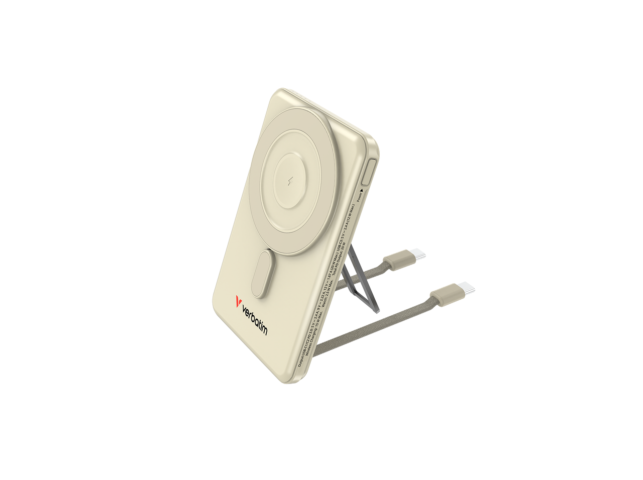 Egy bézs MagSafe-kompatibilis akkumulátor beépített állvánnyal és két USB-C kábellel.