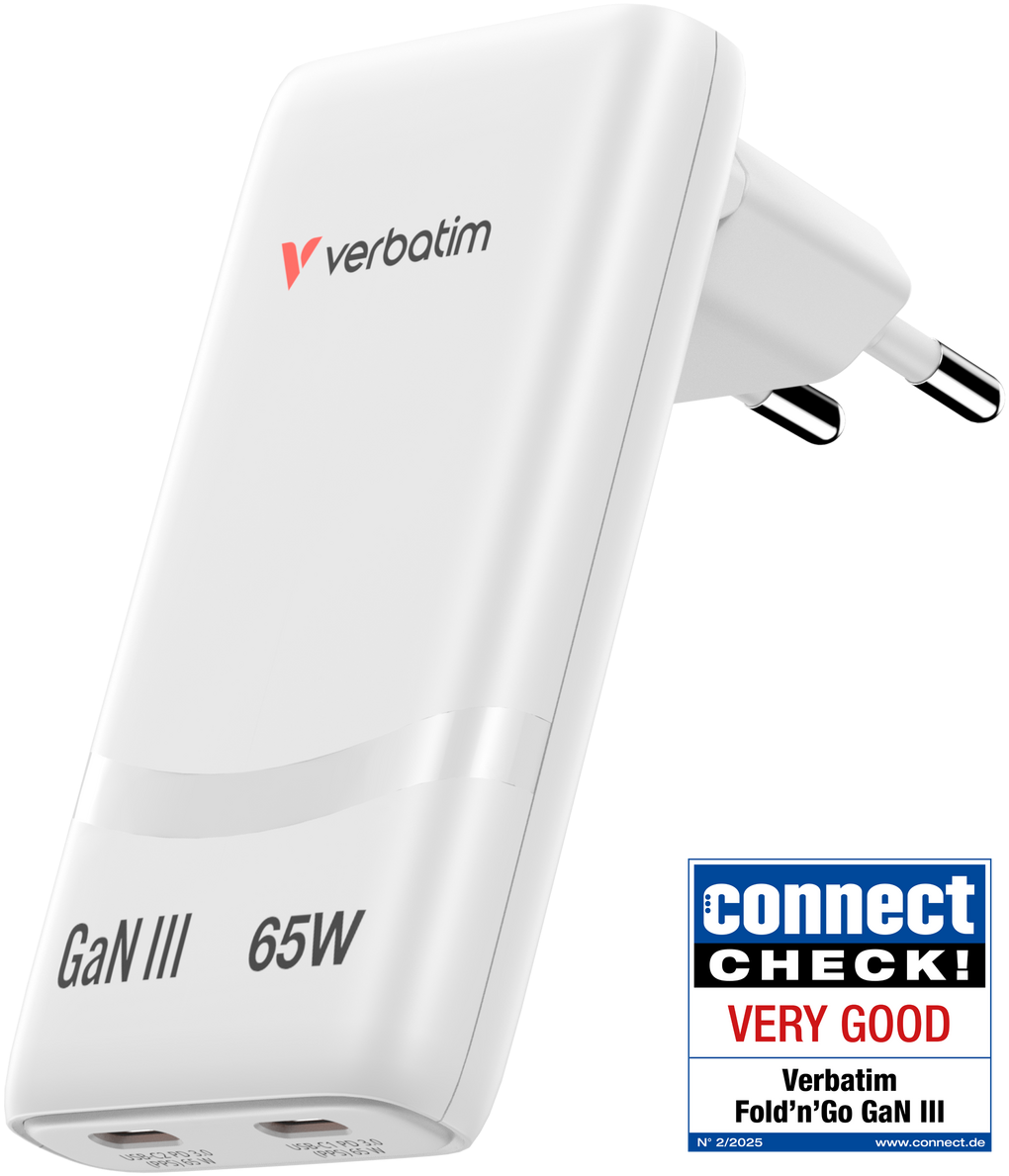 VERBATIM Fold 'n' Go GaN hálózati töltő, 65W, 2xUSB-C, fehér (32355)