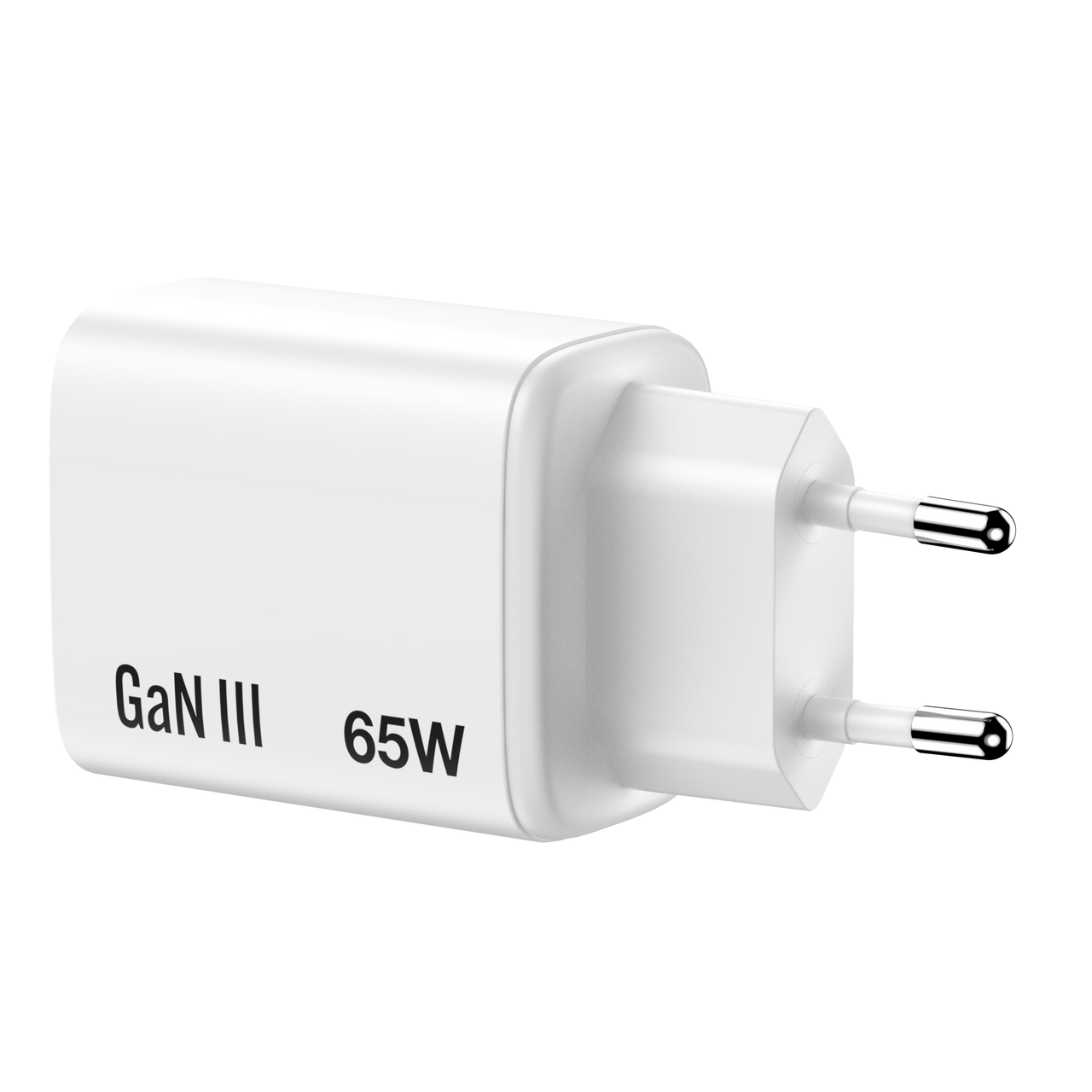Egy fehér GaN III 65W-os töltődugó ezüst tüskékkel.