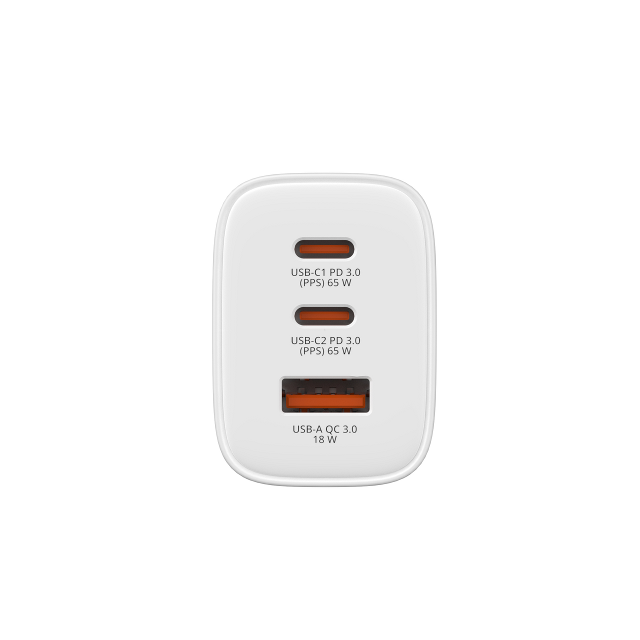 Fehér töltő két USB-C porttal (65W) és egy USB-A porttal (18W).