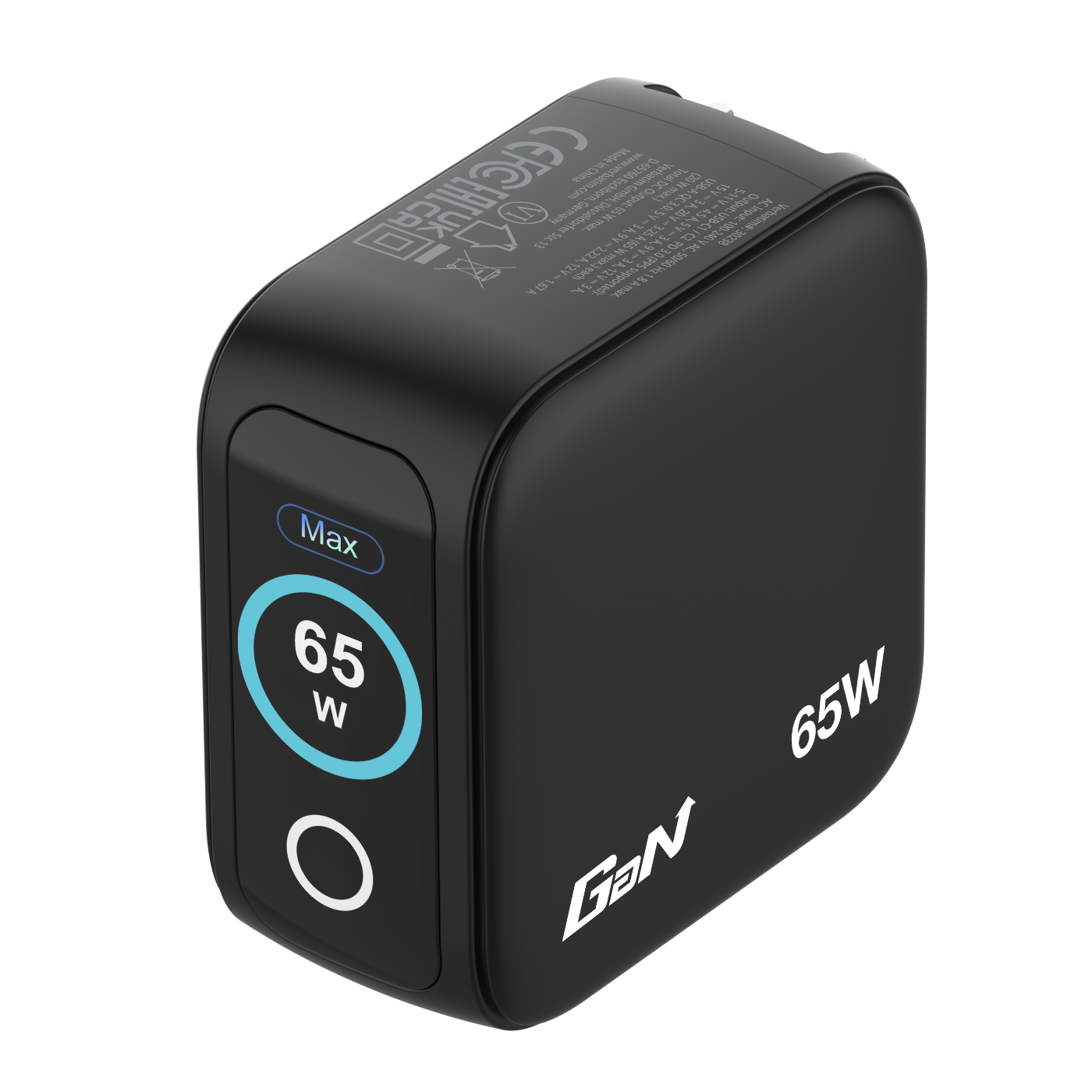 Egy fekete 65W-os GaN töltő digitális kijelzővel, amely 65W-ot mutat.